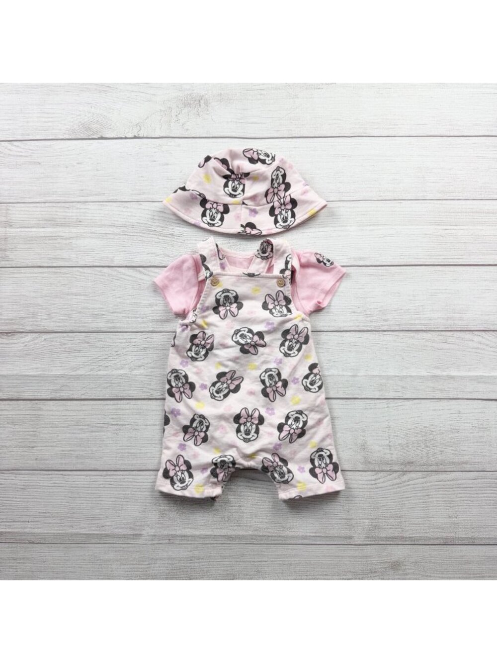 Disney Baby Minnie Mouse 3 Piece Outfit Set Bodysuit Overalls Hat 6-9 Months